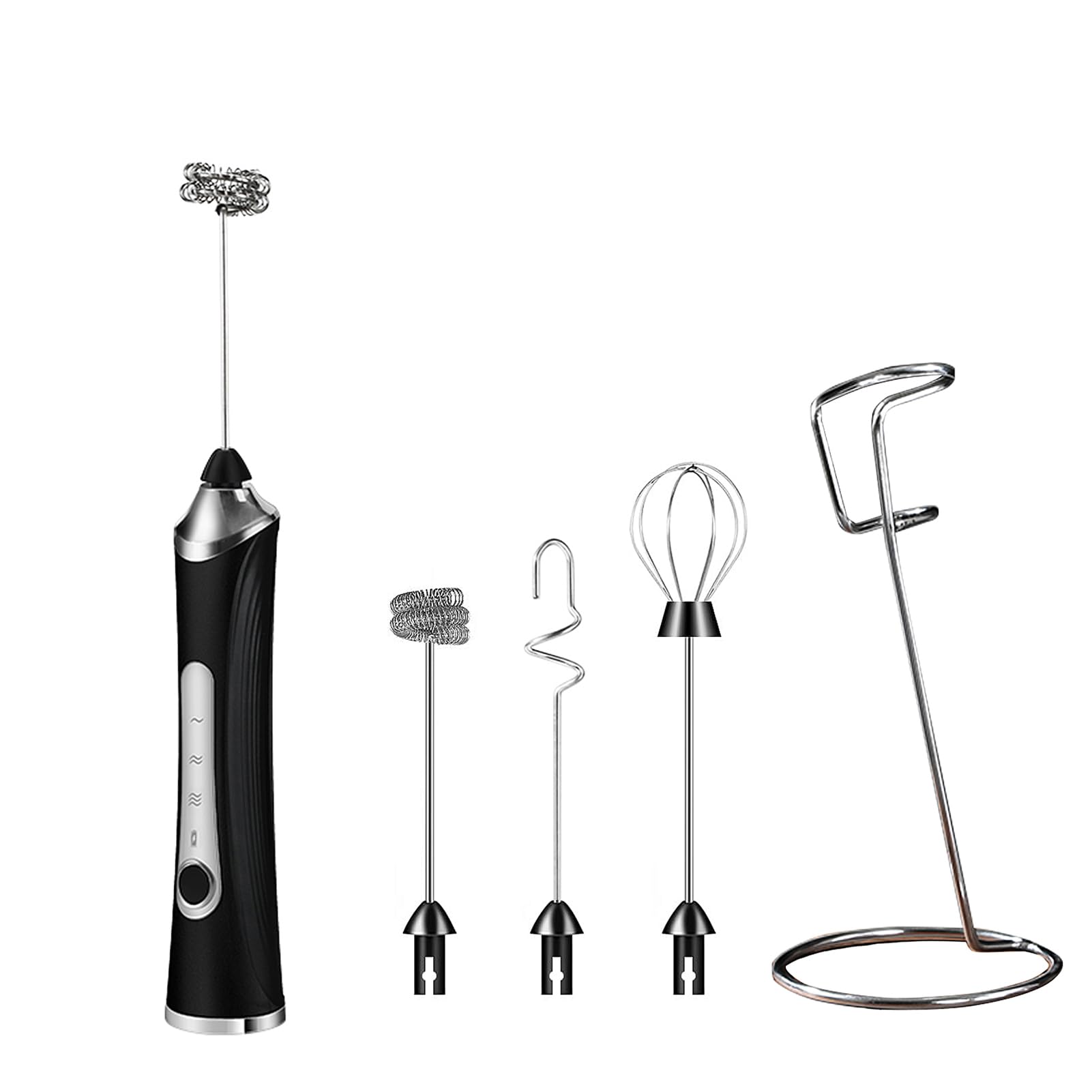 Milk Frother with Stainless Steel Stand, Rechargeable Handheld Whisk & Electric Drink Mixer with 3 Whisk Heads & 3-Speed for Latte & Cappuccino