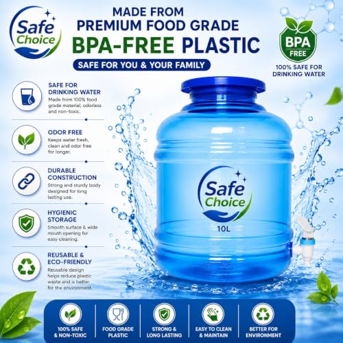 Image of Plastic Water Dispenser Jar with Tap | BPA-Free Water Can for Home, Kitchen & Office Use | Leak-Proof Blue Dispenser Jug - 10L Pack of 1