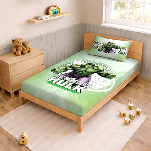 Image of Sassoon Marvel Hulk Digital Printed, Cotton Single Bedsheet, 300 TC, 1 Pillow Cover, Fade Resistant, Bedsheet for Kid's Bedroom, (1.50m X 2.35m)