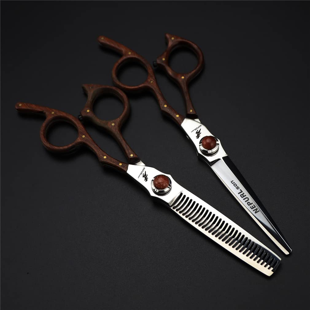 6.0 Inch Stainless Steel Hairdressing Shears Set with Wooden Handle - Professional Haircut Scissors Kit (Cutting & Thinning Shears) for Barbers and Home Use