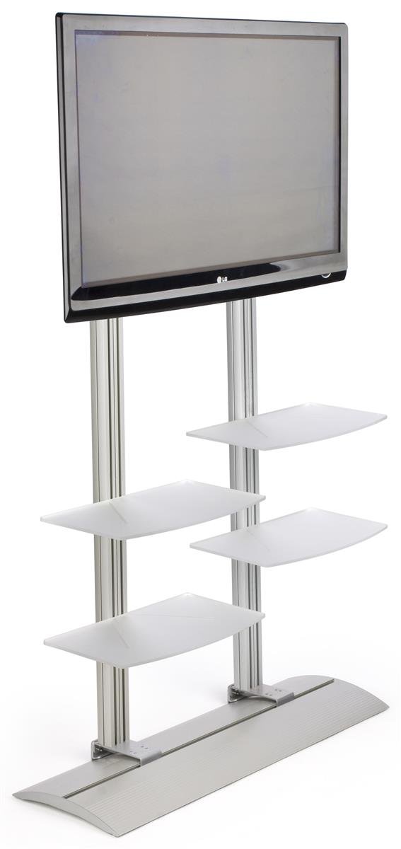 LCD TV Stand with 4 Acrylic Shelves Holds Monitors 42 to 60-Inches, Adjustable VESA Compatible Bracket, Silver Satin Aluminum Construction, Includes Locking Wheels, 47-3/4 x 75 x 17-Inch