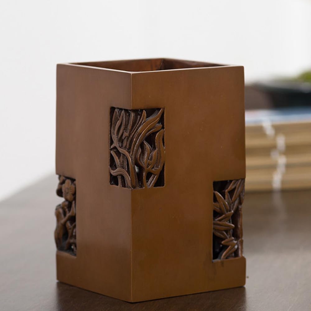 Portalápices Cuadrado de bambú de Cobre Puro con Adornos ahuecados, Mascota Feng Shui de Bronce y latón