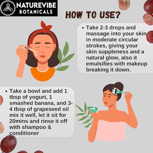Image of Grapeseed Oil 200ml by Naturevibe Botanials 100% Pure Cold Pressed Grape seed for Skin, Hair & Face | Lightweight Body Massage | Non-Greasy Moisturizing Carrier Oil for Oily & Acne-Prone Skin