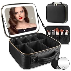 Reisekosmetiktasche mit beleuchtetem Spiegel, unterteilbare Kosmetiktasche Kosmetiktasche mit 3 Farbmodi dimmbaren Lichtspiegel, wasserdichte PU Leder Make up Organizer Tasche