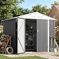 Patiowell 8x6 FT Outdoor Storage Shed with Floor Frame, Metal Garden Patio Sheds with Sloping Roof and Lockable Door, Waterproof Steel Tool Shed for Backyard Garden Lawn, Gray