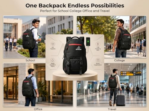 Image of Large 40 L Laptop Backpack Unisex Bag For School|College & Office, Water-Repellent, USB Charging Port, Spacious Compartment, 2 Side Bottle Pockets And Rain Cover(Black)