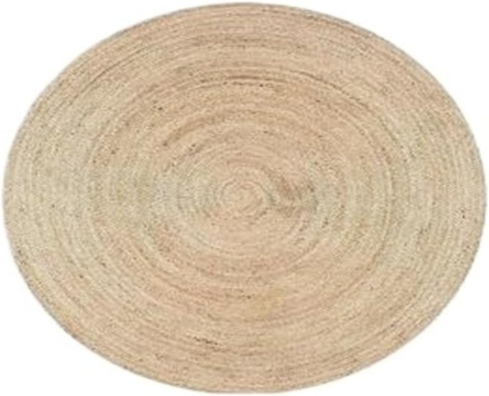 Round Jute Area Rug - 5 Feet Diameter - Natural Beige - Reversible Vintage Braided for Home
