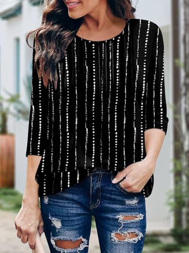 KISSMODA Tunic Tops for Women Loose Fit Dressy Round Neck Pleated 3/4 Length Sleeve Spring Tops