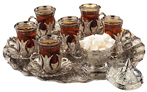 Gold Case Silver plated Turkish Tea Glasses Service Set for 6 - Made in Turkey - 21 pieced METAL set including tray and sugar bowl with lid in Gift Box, Silver