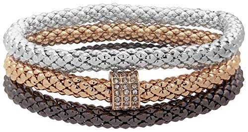 Nine West Women's Three Piece Stretch Bracelet Set — Tri-Tone Stackable Bangles with Clear Crystal Inspired Accents, Layered Fashion - image 1