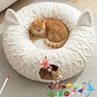 Fayavoo Katzentunnel Rund Weiß mit Katzenbett, Plüsch Katzen Donut Tunnel mit 11 interaktiven Spielzeugen & Waschbarer Matte, Peekaboo Katzenhöhle Spieltunnel unter dem Weihnachtsbaum für Katzen