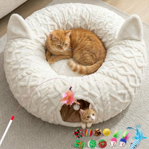 Fayavoo Katzentunnel Rund Weiß mit Katzenbett Plüsch Katzen Donut Tunnel mit 11 interaktiven Spielzeugen & Waschbarer Matte Peekaboo Katzenhöhle Spieltunnel unter dem Weihnachtsbaum für Katzen