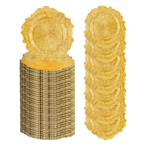 osgevei 100PCS Bright Gold Charger Plates Bulk- 13in Round Plastic Chargers for Dinner Plates- Floral Reef Table Plate Chargers for Wedding, Halloween, Thanksgiving, Christmas, Party, Display