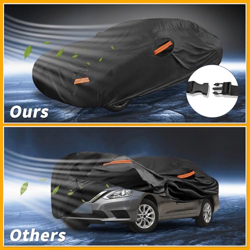 Image of Waterproof All-Weather Universal Car Cover with Right Side Zipper, 210T-PU Black Fits for Sedan 190 inch to 198 inch Length