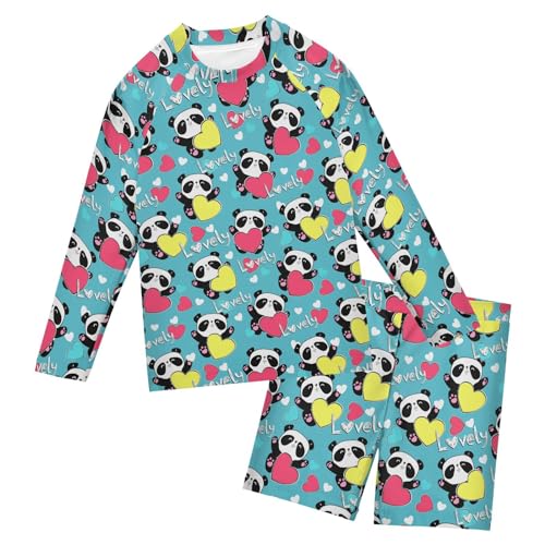 Panda Colorful Heart Boys Swimsuit Rash Guard Toddler Kids Long Sleeve Swim Shirt and Trunks 2 Piece Swimwear Set 7-8Y