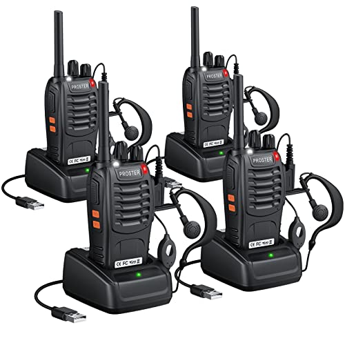 Proster Walkies Talkies Recargables 4PCS Walkie Talkie Profesional Walky Talky 16 Canales de Larga Distancia con Pinganillos,Linterna LED, VOX Función para Adultos y Niños