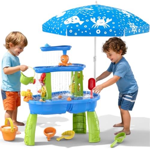 Wee Wonders 3-Tier Water Table with Adjustable Umbrella for Kids, Blue