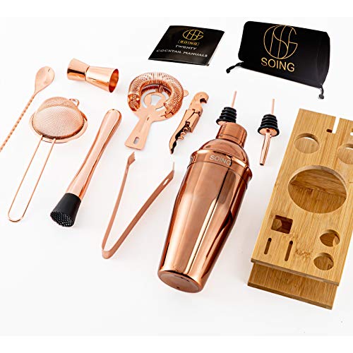 Soing 11-Piece Rose Copper Bartender Kit,Perfect Home Cocktail Shaker Set For Drink Mixing,Stainless Steel Bar Tools With Stand,Velvet Carry Bag & Cocktail Recipes Cards (Rose Copper) #TOP2