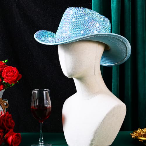 Image of Hercicy Rhinestone Cowboy Hat with Diamond Fringe CowHat for Cosplay Wedding circumference between 21.5 and 23.5 inches
