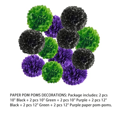 Image of 12pcs Green Purple and Black Paper Pom Poms Decorations for Halloween Party Ceiling Wall Hanging Tissue Flowers Decorations - 3 Colors of 12 Inch, 10 Inch.