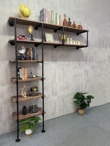 Rogmars Industrial Pipe Shelving 70Inch 6-Tier Ladder Pipe Bookshelf Metal Bookcase Real Wood Industrial Floating Shelves For Wall Decor Rustic Wall Shelves Home Decor For Living Room Kitchen #TOP1