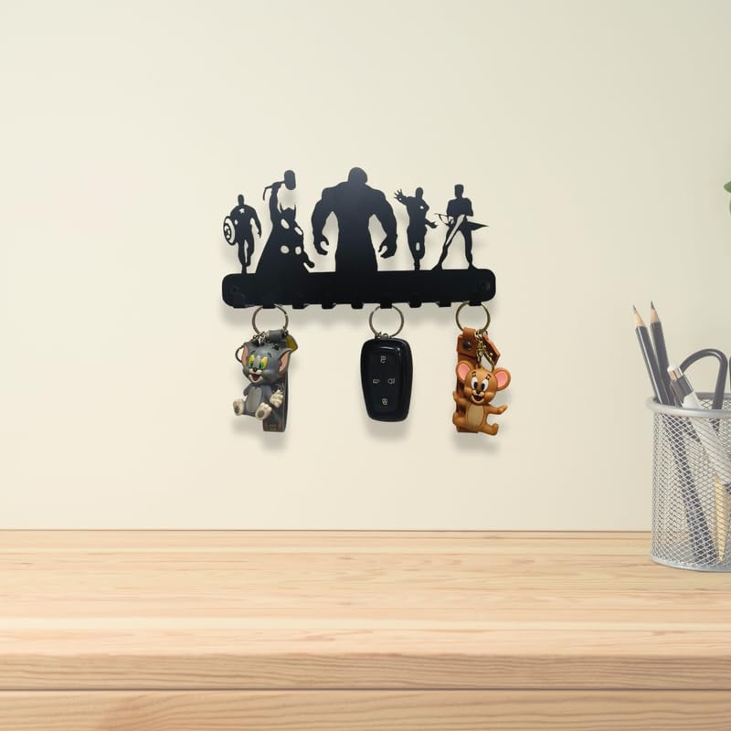Image of Metal Marvel Avengers Key Holder | Wall Mounted Organizer with 9 Hooks | Decorative Black Powder Coated Key Rack for Entryway, Hallway, Kitchen & Office (25x15 cm)