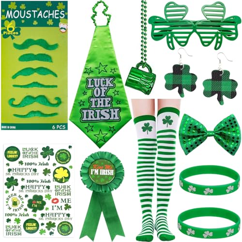 St Patricks Day Accessories Women Men Glasses Shamrock Necklace Earrings Socks Stickers Set St Patricks Day Outfit Accessories St Patrick's Day Costume Accessories Set Irish St Paddys Day Accessories