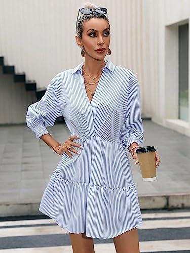 Image of SweatyRocks Women's 3 /4 Sleeve V Neck Collar Striped Dress Casual A Line Ruffle Hem Mini Dresses