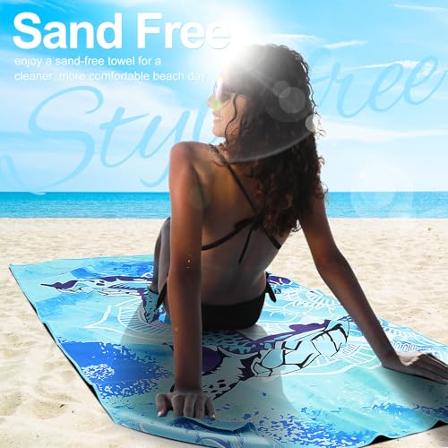 Genovega Microfiber Lightweight Thin Beach Towel Compact Oversized Quick Dry Sandproof Towels Sand Free Swim Camping Pool Clearance Travel Essentials Accessories Vacation Women Men Adults Blue Turtle - Thumbnail 7