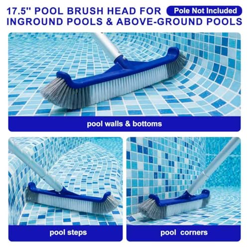 POOLAZA Pool Brush, 17.5'' Pool Brush Head for Inground Pools & Above-Ground Pools, Durable Pool Scrub Brush Fit Standard Pool Pole, Enhanced Pool Brushes for Cleaning Pool Walls with Curved Ends