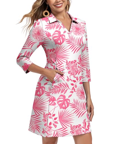 Image of WOWENY 3 /4 Sleeve Dress for Women with Pockets V Neck UPF 50+ Casual Sun Dress Breathable Quick Dry Beach Vacation