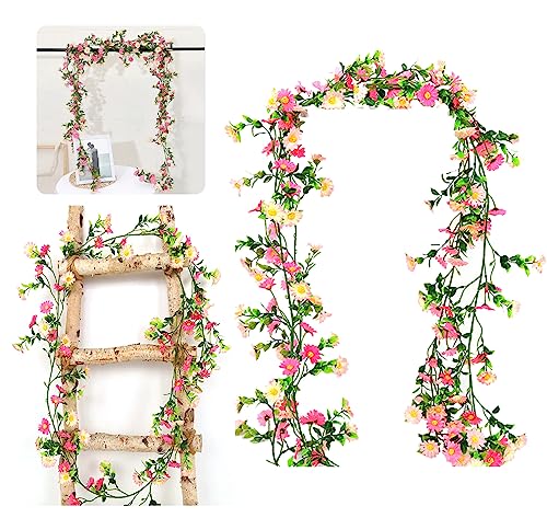 Künstliche Gänseblümchen Deko Blumengirlande Blumenrebe Rosa Gänseblümchen Blumen Girlande mit Grüne Blätter Künstliche Seidenblume Kunstblumen Hängende Reben für Hochzeit Party Wand Garten Deko