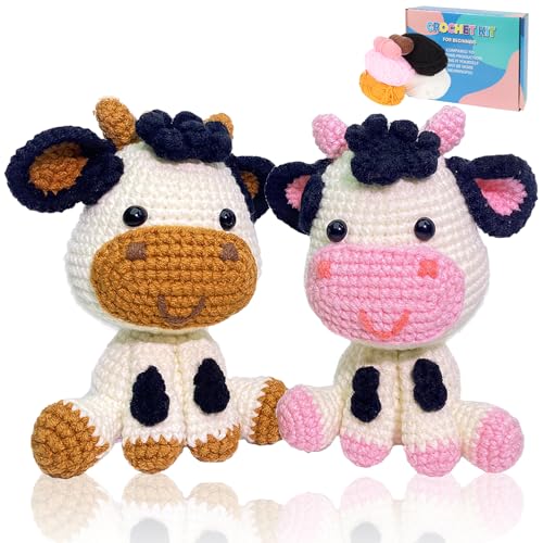 Image of ISTORAGE Crochet Kit for Beginners Adults Kids, 2 Pack Cow Crocheting Animal Kits, Crochet Starter Kit, Beginner Crochet Kits for Adult Kid Women Men Complete Kit Video Tutorials
