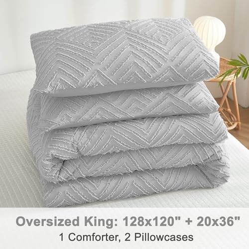 Image of Litanika Oversized King Comforter Set Light Grey, 3 Pieces Tufted Boho Farmhouse Bedding Comforter Set, Lightweight Fluffy All Season Comforter Set (120x98In Comforter & 2 Pillowcases)