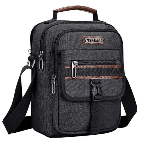 WITZMAN Sacoche Homme Bandouliere Toile Besace Homme Bandouliere Convient à L’IPad 11 Pouces Sac Bandoulière Homme Travail Loisirs(A8014 Noir)