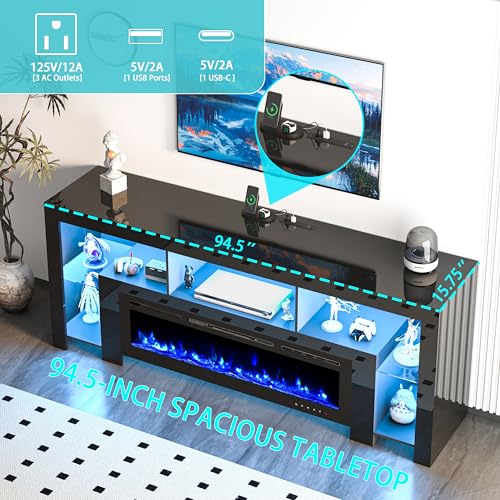 94.5" Fireplace TV Stand for TVs Up to 100", Gaming LED Entertainment Center with 50" Electric Fireplace, Modern High Gloss Media Console for Living Room, Glass Shelves & Open Storage, Black