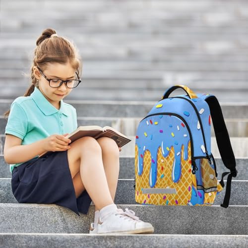 Image of Ice Cream Blue Backpacks with Chest Strap,Lightweight Bookbags 17 Inch,Summer Cute Casual Daypack Bags