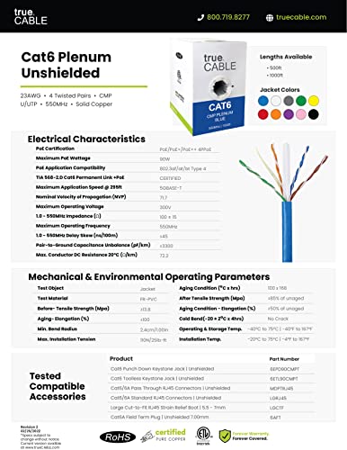 Truecable Cat6 Plenum (Cmp), 1000Ft, White, 23Awg 4 Pair Solid Bare Copper, 550Mhz, Poe++ (4Ppoe), Etl Listed, Unshielded Twisted Pair (Utp), Bulk Ethernet Cable #TOP6