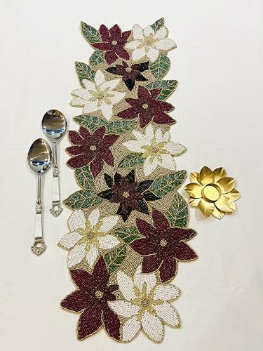 Image of Beautiful Beaded Table Runner Craftsmanship |Pack of 1 Measure 13 * 36 Inches| Thanksgiving - Occasional Decoration ( Multi Color Multi Flowers Grey )