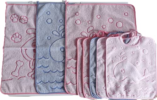 BAMBINA OM DOLCE CASA Set 5 bavaglini con elastico + 3 asciughini salviette asciugamani con laccetto bambino blu azzurro giallo rosso set asilo nido scuola materna (Bimba)