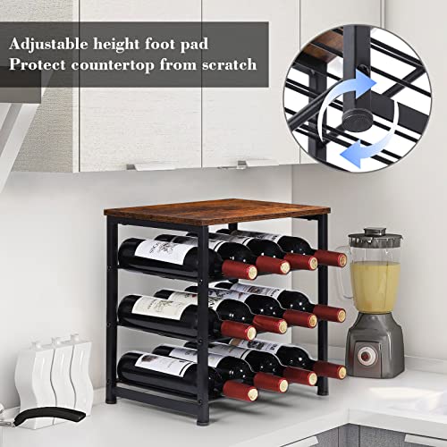 Wine Rack 12 Bottle Countertop Wine Holder Shelf Wine Storage Racks with Tabletop 3 Tier Wine Bottles Holder Free Standing Liquor Organizer Shelf Small for Cellar Bar Kitchen Cabinets, Rustic Brown