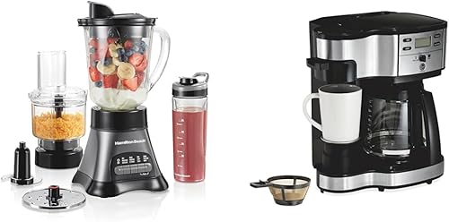 Hamilton Beach Licuadora para batidos y batidos y procesador de alimentos, con tarro de vidrio de 40 onzas y cafetera de goteo programable de 2 vías