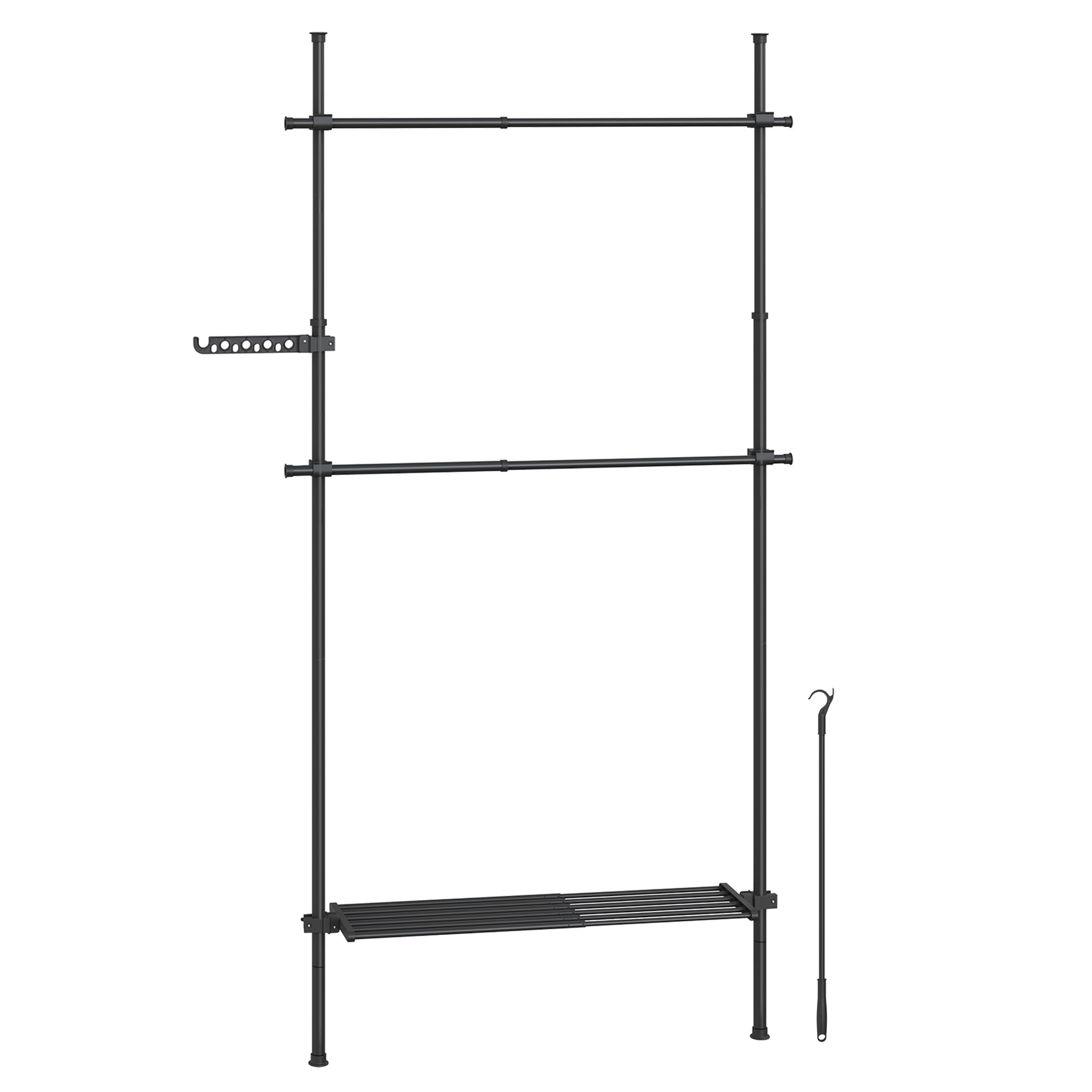 SONGMICS Telescopic Clothes Stand, 3-Step Wardrobe, Height and Width Adjustable, Open Wardrobe with 2 Clothes Rails and Removable Shelf, Gripping Arm, Matt Black HSR136B01