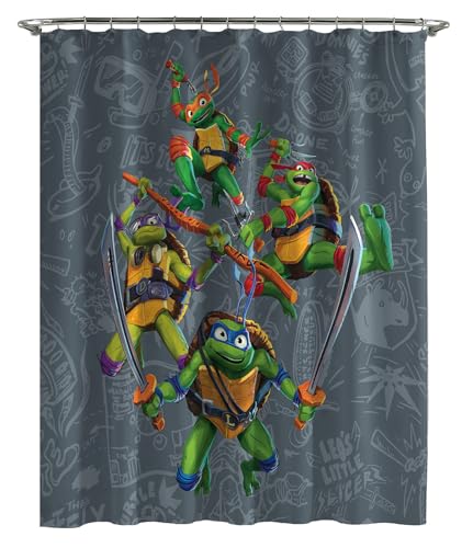 Image of Jay Franco Nickelodeon Teenage Mutant Ninja Turtles Fabric Shower Curtain - Kids Grey Bathroom Decor with Leonardo, Raphael, Michaelangelo and Donatello