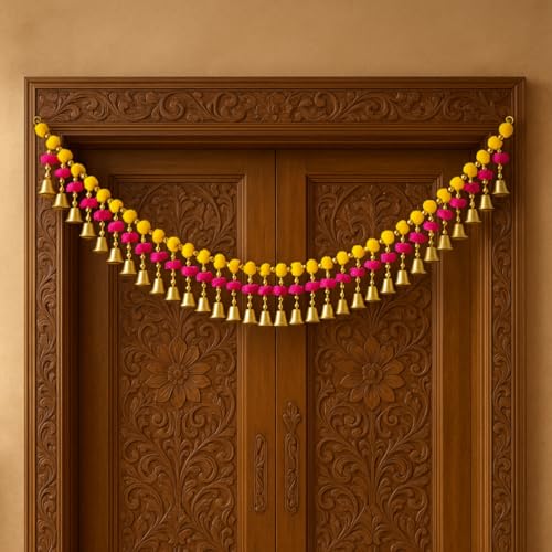 Image of Handmade Pom Pom Bandhanwar for Main Door - Traditional Toran Bandarwal for Door, Temple & New Home - Decorative Door Hanging with Bells - Bandanwar for Diwali, Pooja Room, Mandir (39 Inch)