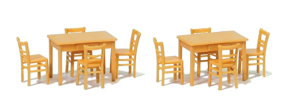Preiser 17218 Table & Chairs 2 Tables & 8 Chairs (Natural Wood) HO Scale Scenery Set