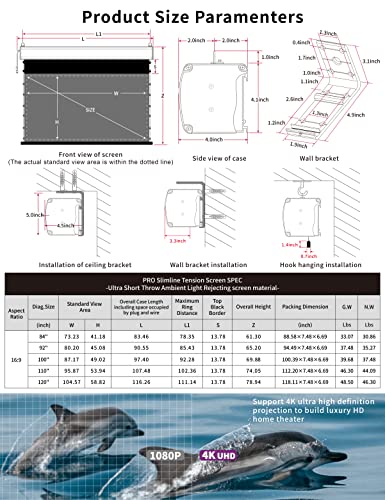 Vividstorm-Projection Screen,Pro Slimline Motorized Electric Tab-Tensioned/Remote Controlled Drop Down Screen,Compatible With 4K Ultra Short Throw Laser Projector,Vmslust120H-W #TOP4