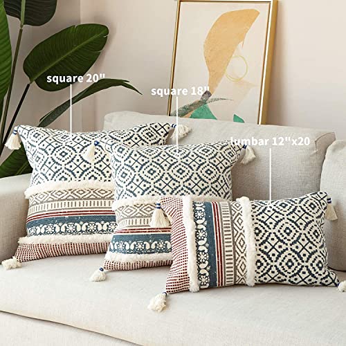 Image of MODERN HOMES - feel the difference Cotton Homes Boho Tufted Decorative Throw Pillow Covers , Moroccan Style Cushion Covers With Tassels (Blue, 16X16 In), 250 TC