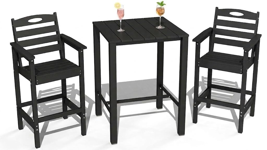 Domi Patio bar Table and Chairs Set of 3, Adirondack bar Height Outdoor Table and Chairs, All-Weather HDPE Outdoor Bar Set for Poolside, Patio, Backyard, Black