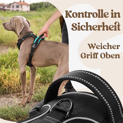 rabbitgoo Hundegeschirr Grosse Hunde, Verstellbare Geschirr Hund ohne Zug & Würgen, Anti Zug Hundegeschirr mit Griff, weich Gepolsterte Reflektierende Brustgeschirr, Schwarz L